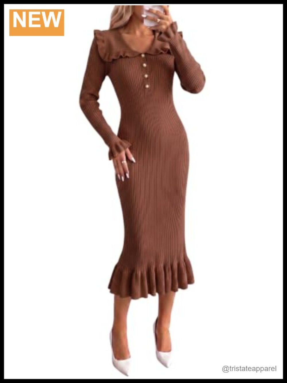 Womens Ribbed Knit Midi Sweater Dress Button Ruffle Long Sleeve